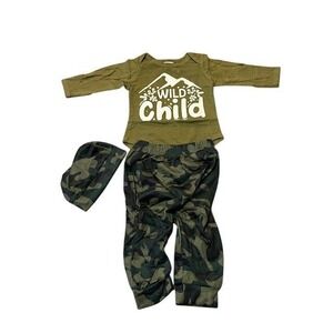 Wild Child Graphic Bodysuit Camouflage Pants and Beanie Hat 3 Piece Set Green